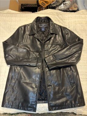 GAP Men's Black Quilted-Lined Leather Pea Coat  Vintage heavy leather jacket
